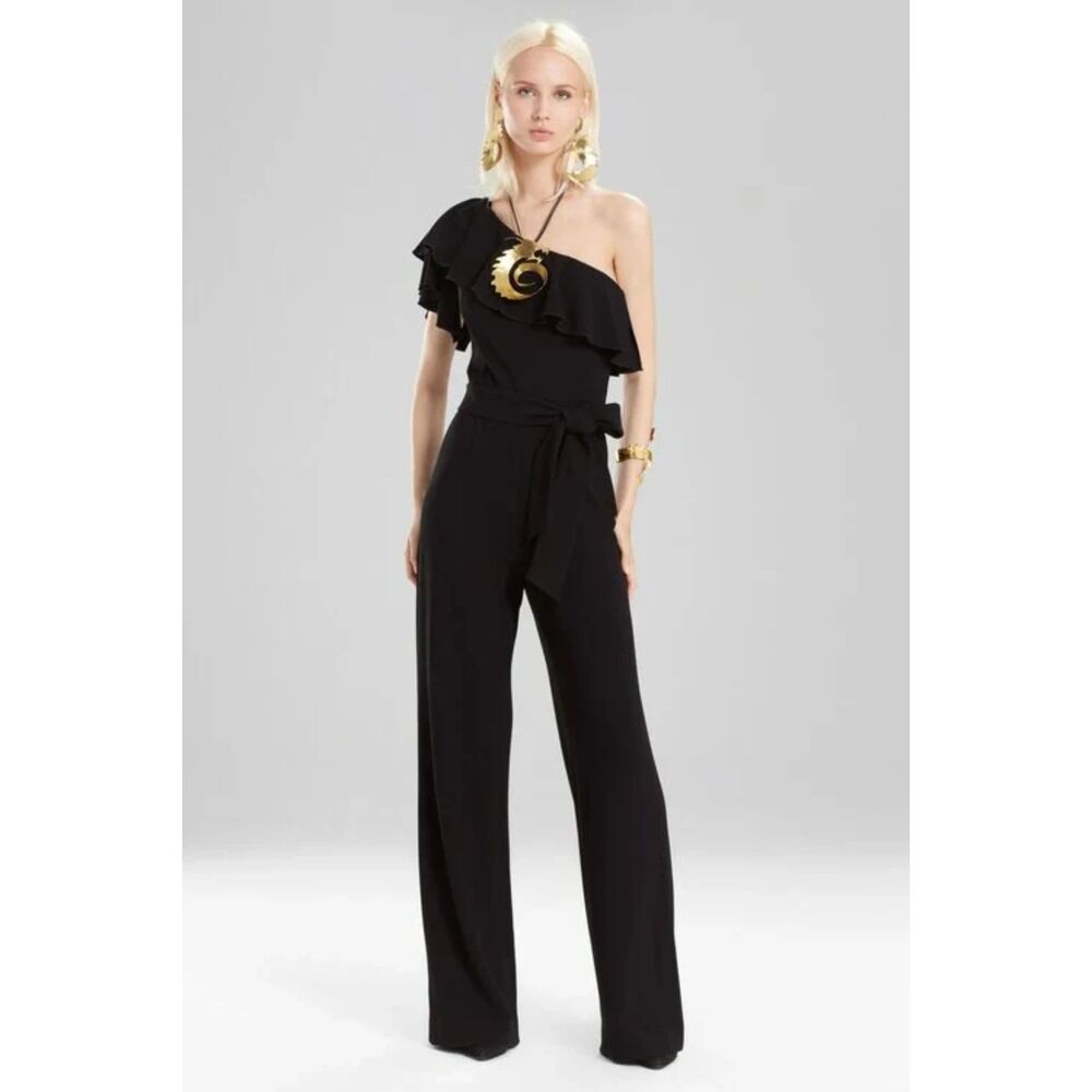 NATORI Crepe One Shoulder Ruffle Jumpsuit Black Sz 6